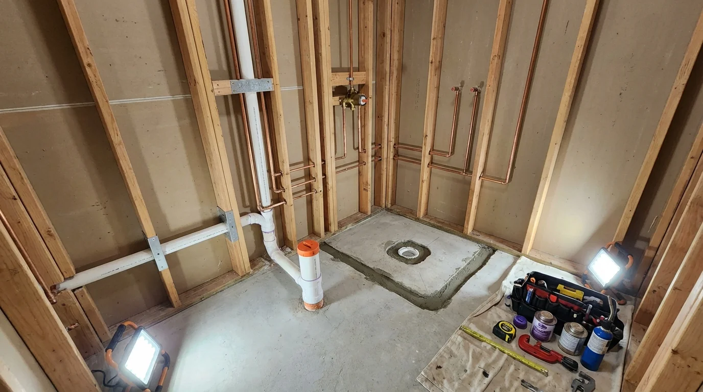 Bathroom rough-in plumbing during remodel by Johns Plumbing LLC in East Grand Forks