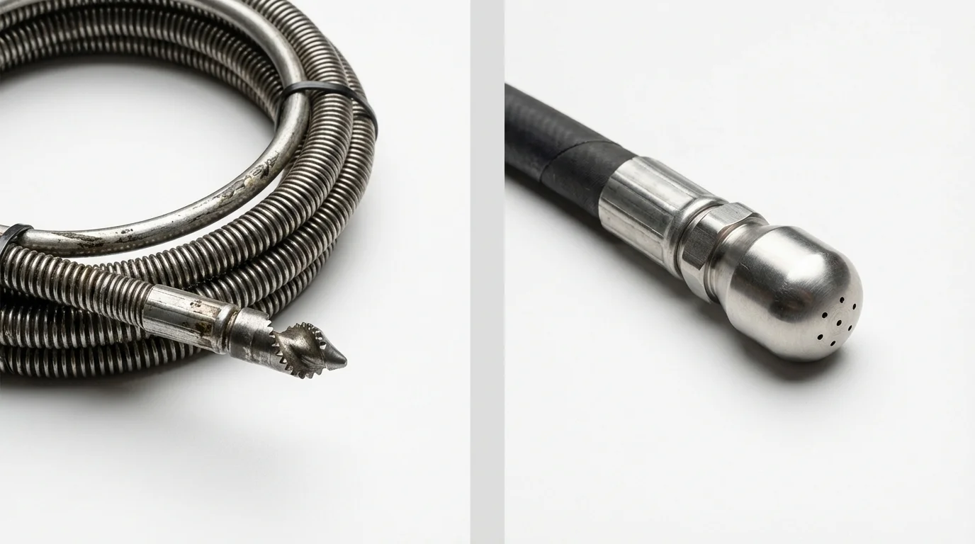 Drain snake cable and hydro jetting nozzle used for drain cleaning in East Grand Forks, MN