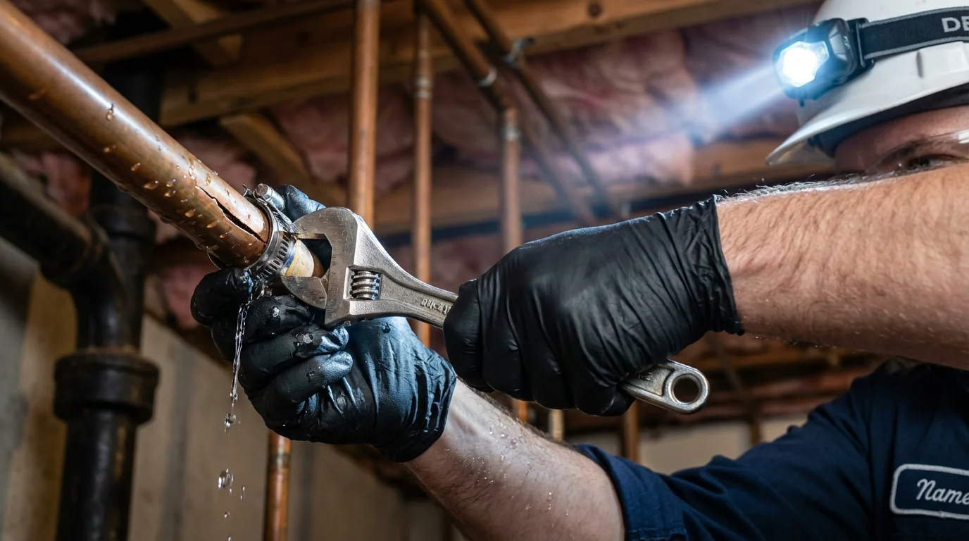 Emergency pipe clamp repair being performed by a Johns Plumbing LLC plumber in East Grand Forks