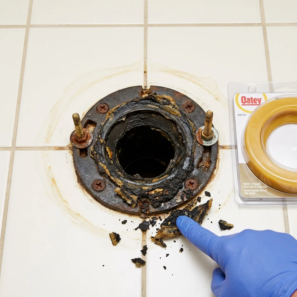 Failed wax ring showing water seepage at the base of a toilet in a East Grand Forks, MN home