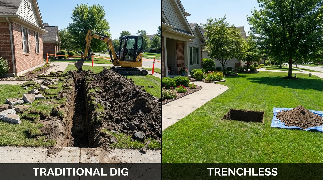 Trenchless sewer repair with minimal yard damage versus traditional excavation in East Grand Forks, MN