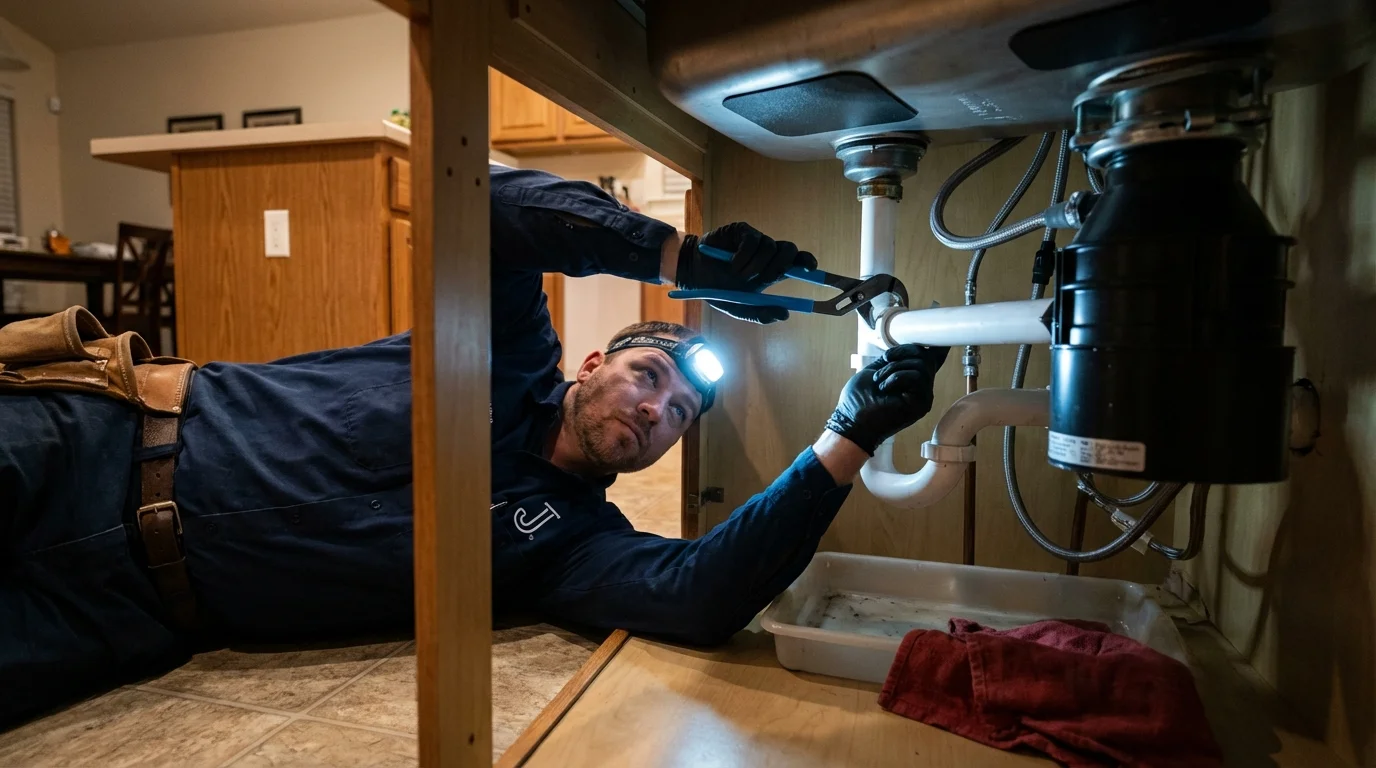 P-trap and supply line connections under a kitchen sink showing a common leak point in East Grand Forks, MN